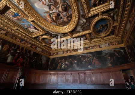Sala del Consiglio dei Dieci (Council of Ten) is at the Doge’s Palace in Venice in the Veneto region of northern Italy.  It is also the Hall of the Co Stock Photo