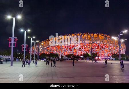 Night view of the square in front of the Olympic National stadium in Beijing, China Stock Photo