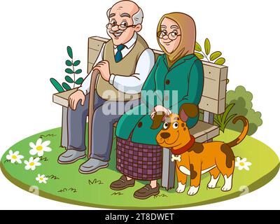 old couple sitting on bench vector illustration Stock Vector