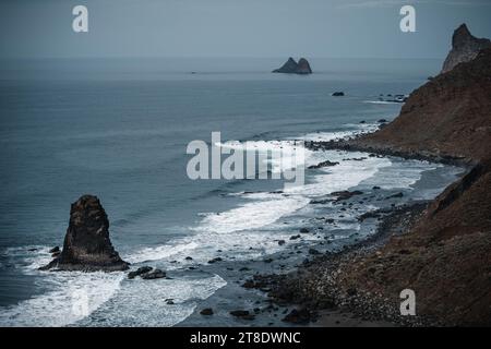Playa de Benijo on a dark winters day. Black sand beach Stock Photo