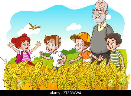 vector illustration of grandpa and kids in wheat field Stock Vector