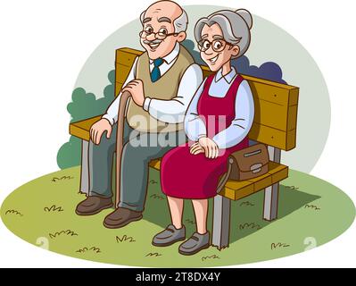 old couple sitting on bench vector illustration Stock Vector