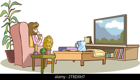 woman watching tv cartoon vector illustration Stock Vector