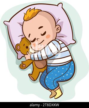 Illustration of a Cute Baby Boy Hugging His Teddy Bear sleeping Stock Vector