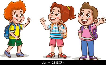 little kids say hello to friend and go to school together Stock Vector