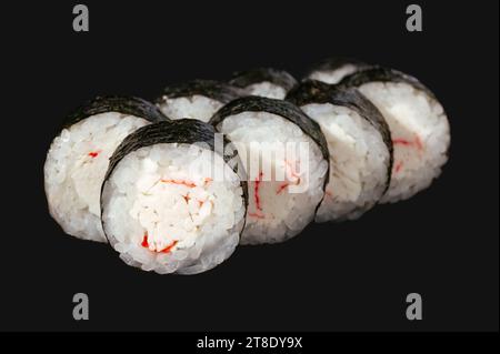 Maki roll with crab isolated on black background. sushi menu. Stock Photo