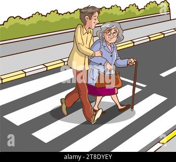 young man helping old woman cartoon vector Stock Vector