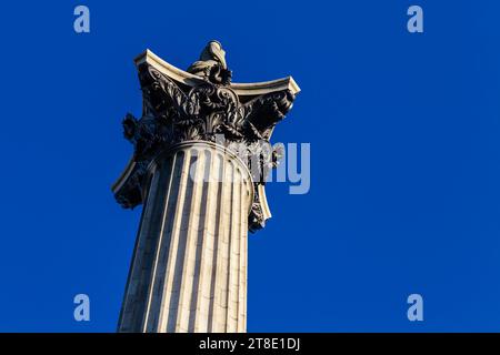 Statue of Admiral Horatio Nelson on top of the Nelson's Column in Trafalgar Square, London, UK Stock Photo