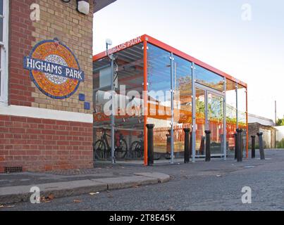 Cycle Hub at Highams Park rail station, London, UK. Provides safe, secure bike storage for local residents. Stock Photo
