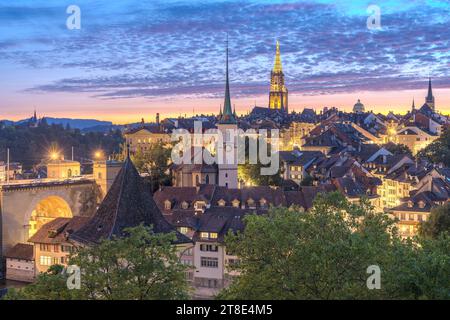 Bern, Switzerland old town skyline at dusk. Stock Photo