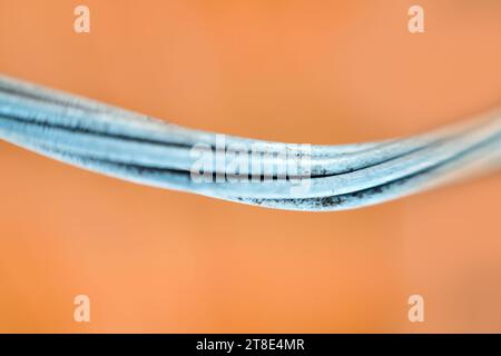 Old worn out aluminium wire that is used for electrical wiring on poles. Macro Stock Photo