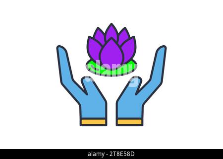 hand holding lotus icon. icon related to meditation, wellness, spa. flat line icon style. simple vector design editable Stock Vector