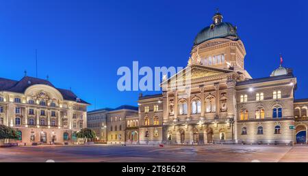 Bern, Switzerland with the Federal Palace of Switzerland at blue hour. ('Curia Confoederationis Helveticae' translates to 'The Parliament Building of Stock Photo