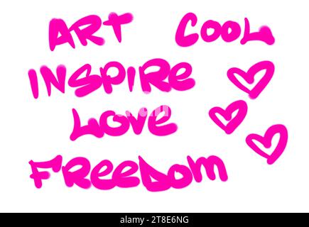 Collection of graffiti street art tags with words and symbols in pink color on white background Stock Photo