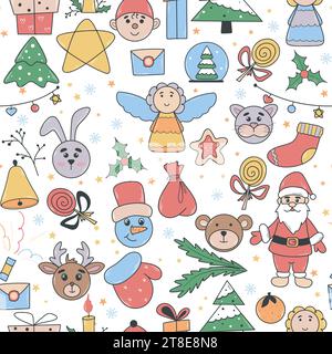 Festive Christmas print with Santa Claus, pine tree and New Year attributes Stock Vector