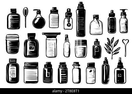 Different types of bottles thin vector icon set, black and white kit. Vector illustration Stock Vector