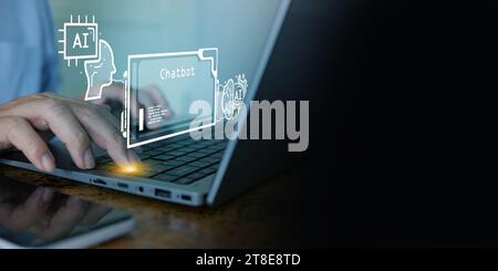 AI tech. Chat Bot, chat with Ai. Virtual graphic of a generative conversational chatbot. Man communicates with language model for education business t Stock Photo