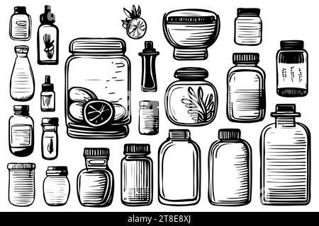 Different types of bottles thin vector icon set, black and white kit. Vector illustration Stock Vector