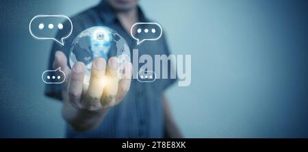 Chat Bot chat with Ai. Virtual graphic of AI tech and global connection. Man communicates with a generative conversational chatbot. Stock Photo