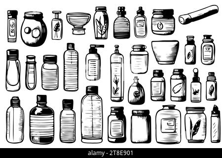Different types of bottles thin vector icon set, black and white kit ...