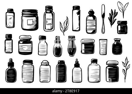 Different types of bottles thin vector icon set, black and white kit ...