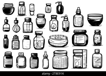 Different types of bottles thin vector icon set, black and white kit ...
