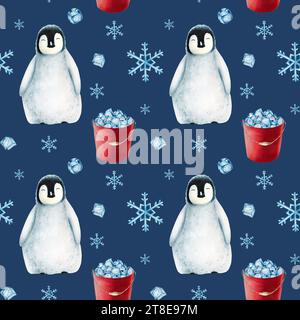 Watercolor winter seamless pattern illustration of a king penguins under snowflakes and red bucket full of ice cubes isolated. Hand painting realistic Stock Photo