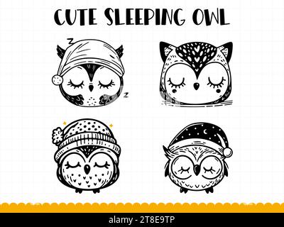 Cute sleeping owl face in simple doodle style. Vector illustration. Stock Vector
