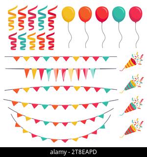 Set of balloons, party popper firecrackers and garland flags. A collection of festive birthday elements. Vector isolated elements in flat cartoon Stock Vector