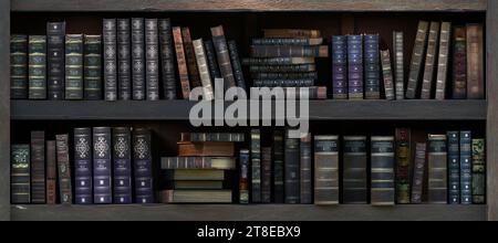 Many old books in a row on wooden bookshelf in dark library room. Concept of education, reading, knowledge and intelligence. Books background. Stock Photo