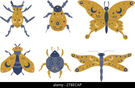 magic set of cosmic insects with moon and stars Stock Vector
