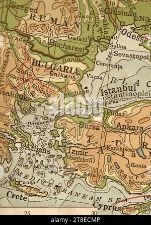 Antique geographical map in sepia of Istanbul, Turkey, Bulgaria and Romania. Stock Photo