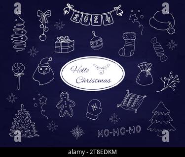 Christmas elements in doodle style. Objects and elements related to New Year celebrations such as fireworks, Christmas trees, Santa Claus, Gingerbread Stock Vector