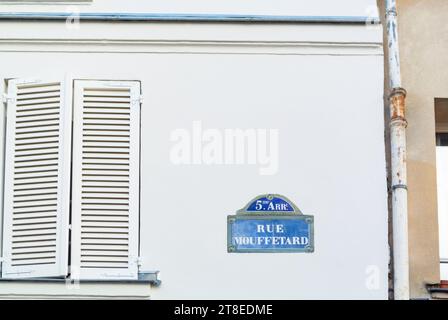 Paris, France, Street sign with rue mouffetard in the latin quarter quartier district, Editorial only. Stock Photo