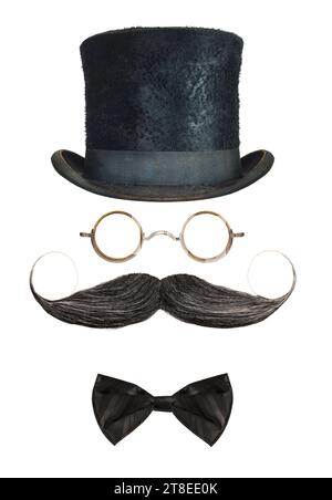 Vintage gentleman hat, glasses, curly mustache and bow tie isolated on a white background Stock Photo