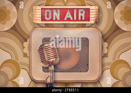 Retro styled image of an authentic vintage microphone with on air illuminated sign and speaker Stock Photo