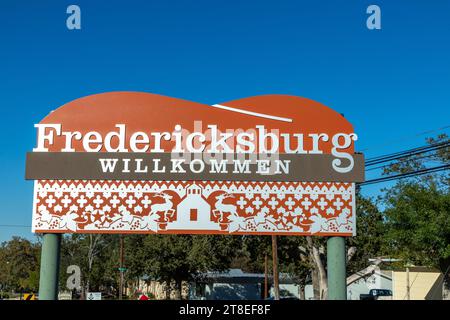 Fredericksburg, USA - November 1, 2023: welcome sign in Fredericksburg with german text willkommen for welcome. Stock Photo