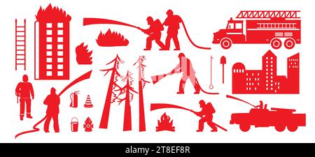 Firefighter, fire engine and burning forest, house red silhouette set Stock Vector