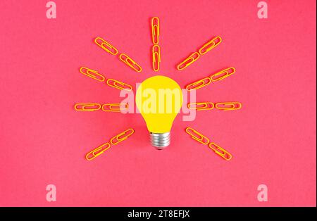 business concept,Brainstorming,innovation,idea,problem solving with a light bulb and paper clips. Flat lay,free copy space Stock Photo