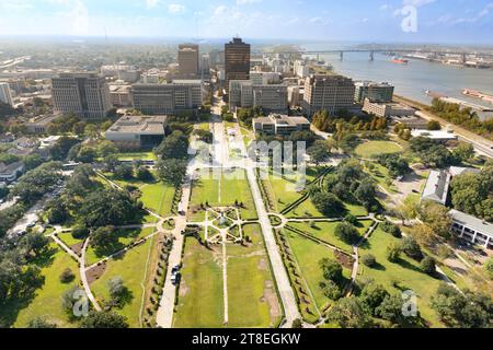 scenic view to downtown Baton Rouge and statue of Huey Long in morning light, Louisiana, USA Stock Photo