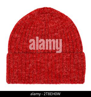 Heather red knitted winter bobble hat of traditional design flat lay isolated on white background Stock Photo