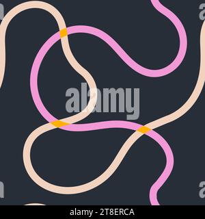 Naive seamless squiggle pattern with bright pink and beige wavy lines on a dark background. Creative abstract squiggle style drawing background Stock Vector