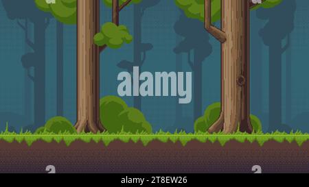 Pixel art background with forest for video games and mobile applications. Vector 8-bit retro style illustration. Seamless when docking horizontally Stock Vector