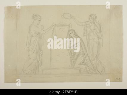 Three women by an urn for an unknown sepulchral monument, Bertel Thorvaldsen, 1770-1844, 1825 - 1830, Drawing, Paper, Color, Graphite, Drawn, Height 120 mm, Width 184 mm, Draftsmanship, Drawing, European, Modernity (1800 - 1914 Stock Photo