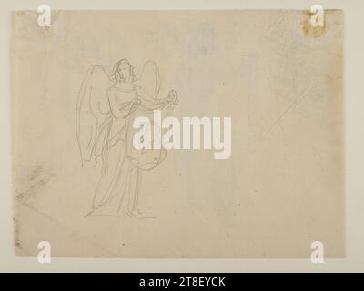 Angel holding a cloth with two portrait sketches, for an unknown sepulchral monument, Bertel Thorvaldsen, 1770-1844, Drawing, Paper, Color, Graphite, Drawn, Height 138 mm, Width 183 mm, Draftsmanship, Drawing, European, Modernity (1800 - 1914 Stock Photo