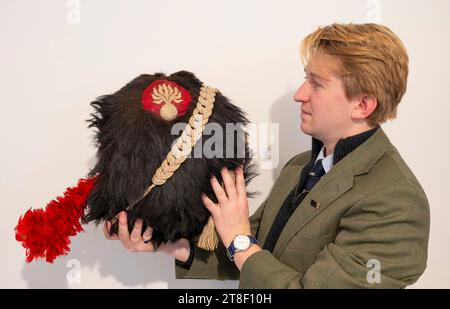 London, UK. 20th Nov, 2023. Bonhams Antique Arms, Armour and Militaria sale takes place in Knightsbridge on 22 November. Highlights include: An Imperial French Grenadier's Bearskin, Late 19th Century Or Earlier, £400 - £600. Credit: Malcolm Park/Alamy Live News Stock Photo