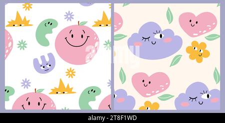 Set of two colourful childish patterns. Vector design with abstract smiling happy shapes.  Stock Vector
