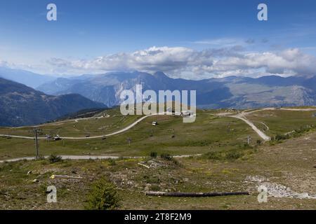 Summer view of the Valloire - Galibier Thabor Ski Area, in the Savoie region of the French Alps. A popular winter resort captured here with no snow an Stock Photo