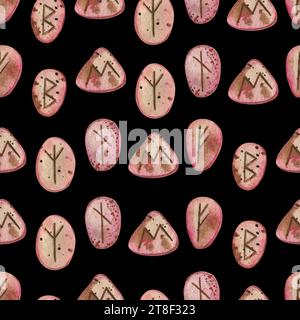 Seamless watercolor pattern. Runes and divination stones are drawn in pink and brown watercolors on a black background. Suitable for printing Stock Photo