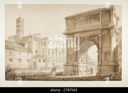 View of the Arch of Titus Restored by Pius VII, Antonio Acquaroni, 1825, Drawing, Aquaroni often painted or drew motifs from Rome with great topographical precision. As in the present case, many drawings were made with a view to reproduction as copperplate engravings., Paper, Color, Ink, Color-washed, Drawn, Height 390 mm, Width 590 mm, Antonio Aquaroni delineò l'an. 1825, Draftsmanship, Drawing, European, Modernity (1800 - 1914 Stock Photo